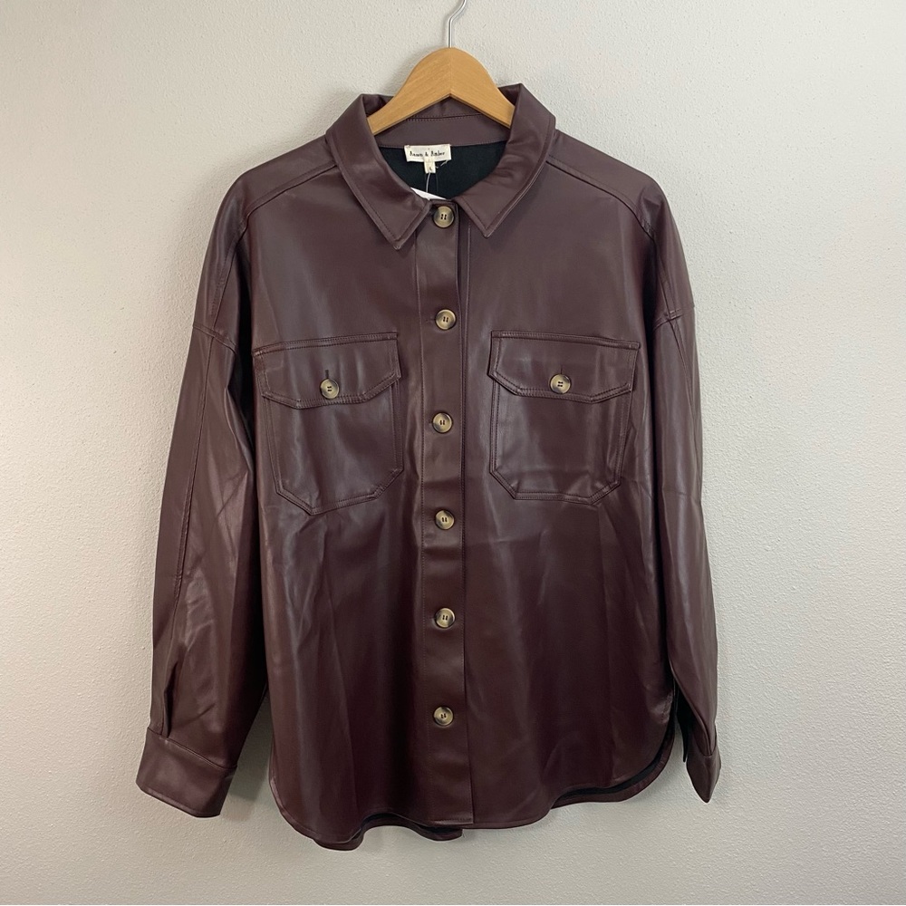 Aaron and Amber Shay Faux Leather Jacket Brown Button Down Womens‎ Large
